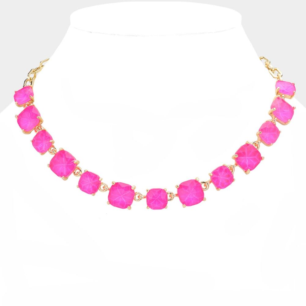 Fuchsia Neon Square Stone Link Crystal Necklace Chain Evening Gold Pink